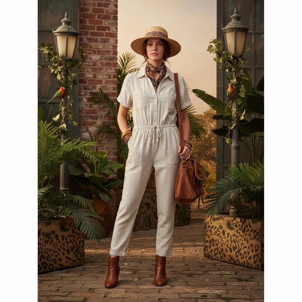 Beige Linen Blend Utility Jumpsuit – Short Sleeve Safari Style One Piece
